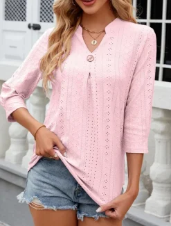 Discount Women's Shirt Blouse Floral Stylish Casual Long Sleeve Notched Neck Regular Tops Daily Eyelet White Pink Summer Spring Women Lace Tops
