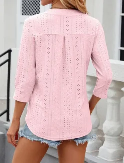 Discount Women's Shirt Blouse Floral Stylish Casual Long Sleeve Notched Neck Regular Tops Daily Eyelet White Pink Summer Spring Women Lace Tops