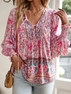 Women's Shirt Blouse Floral Bohemia Casual Long Sleeve V Neck Regular Tops Daily Print Yellow Pink Navy Blue Blue Orange Summer Spring Fall Women Blouses & Shirts|Spring Tops