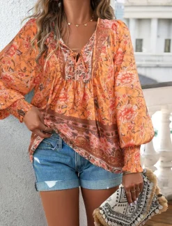 Women's Shirt Blouse Floral Bohemia Casual Long Sleeve V Neck Regular Tops Daily Print Yellow Pink Navy Blue Blue Orange Summer Spring Fall Women Blouses & Shirts|Spring Tops