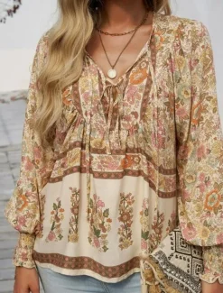 Women's Shirt Blouse Floral Bohemia Casual Long Sleeve V Neck Regular Tops Daily Print Yellow Pink Navy Blue Blue Orange Summer Spring Fall Women Blouses & Shirts|Spring Tops