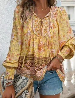 Women's Shirt Blouse Floral Bohemia Casual Long Sleeve V Neck Regular Tops Daily Print Yellow Pink Navy Blue Blue Orange Summer Spring Fall Women Blouses & Shirts|Spring Tops