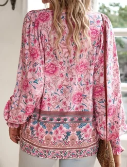 Women's Shirt Blouse Floral Bohemia Casual Long Sleeve V Neck Regular Tops Daily Print Yellow Pink Navy Blue Blue Orange Summer Spring Fall Women Blouses & Shirts|Spring Tops
