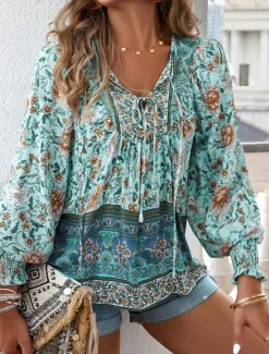 Women's Shirt Blouse Floral Bohemia Casual Long Sleeve V Neck Regular Tops Daily Print Yellow Pink Navy Blue Blue Orange Summer Spring Fall Women Blouses & Shirts|Spring Tops