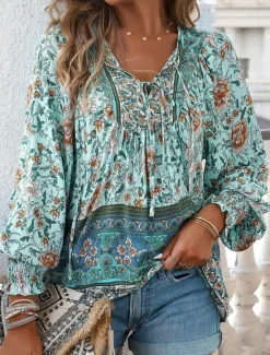 Women's Shirt Blouse Floral Bohemia Casual Long Sleeve V Neck Regular Tops Daily Print Yellow Pink Navy Blue Blue Orange Summer Spring Fall Women Blouses & Shirts|Spring Tops