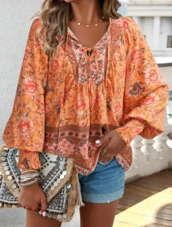 Women's Shirt Blouse Floral Bohemia Casual Long Sleeve V Neck Regular Tops Daily Print Yellow Pink Navy Blue Blue Orange Summer Spring Fall Women Blouses & Shirts|Spring Tops
