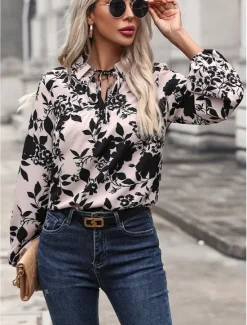 Sale Women's Shirt Blouse Floral Graphic Basic Casual Long Sleeve Shirt Collar Regular Tops Daily Print Fall Winter Women Spring Tops
