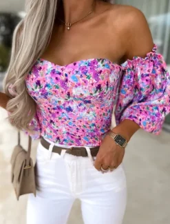 New Women's Shirt Blouse Floral Stylish Casual Long Sleeve Strapless Regular Tops Daily Backless Print Black White Red Purple Summer Spring Women Spring Tops|Blouses & Shirts