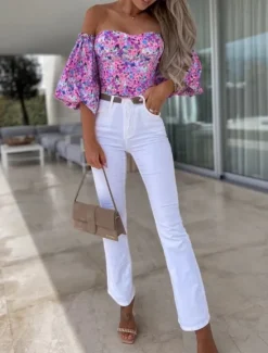 New Women's Shirt Blouse Floral Stylish Casual Long Sleeve Strapless Regular Tops Daily Backless Print Black White Red Purple Summer Spring Women Spring Tops|Blouses & Shirts