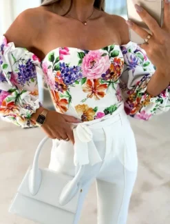 New Women's Shirt Blouse Floral Stylish Casual Long Sleeve Strapless Regular Tops Daily Backless Print Black White Red Purple Summer Spring Women Spring Tops|Blouses & Shirts