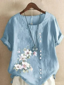 Discount Women's Shirt Blouse Floral Graphic Leaf Elegant Daily Beach Short Sleeve Crew Neck Regular Tops Daily Holiday Linen Like Print Navy Blue Blue Green Light Blue Summer Women Blouses & Shirts