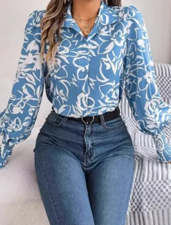 Women's Shirt Blouse Floral Casual Work Stylish Modern Puff Sleeve Long Sleeve White Spring Fall Women Spring Tops