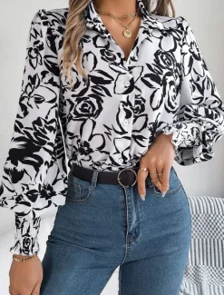 Women's Shirt Blouse Floral Casual Work Stylish Modern Puff Sleeve Long Sleeve White Spring Fall Women Spring Tops