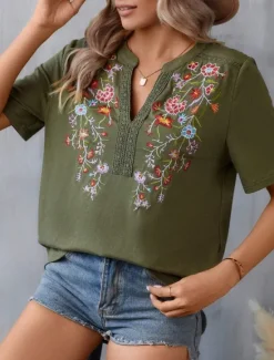 Outlet Women's Shirt Blouse Floral Stylish Casual Short Sleeve Notched Neck Regular Tops Daily Embroidered Army Green Navy Blue Summer Women Spring Tops