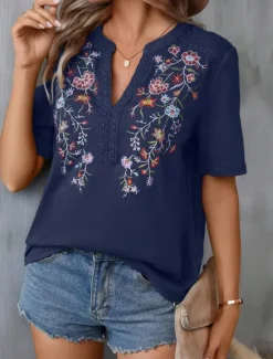 Outlet Women's Shirt Blouse Floral Stylish Casual Short Sleeve Notched Neck Regular Tops Daily Embroidered Army Green Navy Blue Summer Women Spring Tops