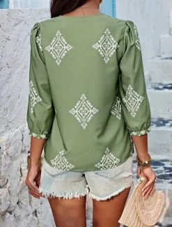 Sale Women's Shirt Blouse Geometric Bohemia Ethnic Casual 3/4 Length Sleeve V Neck Regular Tops Daily Print Purple Green Summer Spring Fall Women Spring Tops