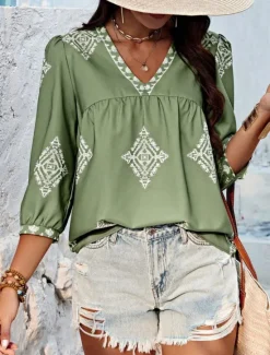 Sale Women's Shirt Blouse Geometric Bohemia Ethnic Casual 3/4 Length Sleeve V Neck Regular Tops Daily Print Purple Green Summer Spring Fall Women Spring Tops