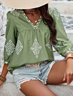 Sale Women's Shirt Blouse Geometric Bohemia Ethnic Casual 3/4 Length Sleeve V Neck Regular Tops Daily Print Purple Green Summer Spring Fall Women Spring Tops