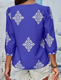 Sale Women's Shirt Blouse Geometric Bohemia Ethnic Casual 3/4 Length Sleeve V Neck Regular Tops Daily Print Purple Green Summer Spring Fall Women Spring Tops