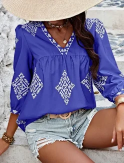 Sale Women's Shirt Blouse Geometric Bohemia Ethnic Casual 3/4 Length Sleeve V Neck Regular Tops Daily Print Purple Green Summer Spring Fall Women Spring Tops