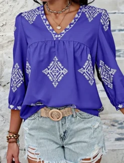 Sale Women's Shirt Blouse Geometric Bohemia Ethnic Casual 3/4 Length Sleeve V Neck Regular Tops Daily Print Purple Green Summer Spring Fall Women Spring Tops