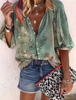 New Women's Shirt Blouse Graphic Elegant Daily Stylish 3/4 Length Sleeve High Neck Regular Tops Daily Holiday Going out Buttons Red Green Rainbow Gray Summer Spring Fall Women Boho Tops