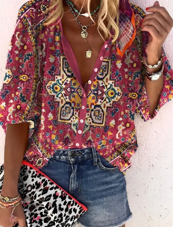 New Women's Shirt Blouse Graphic Elegant Daily Stylish 3/4 Length Sleeve High Neck Regular Tops Daily Holiday Going out Buttons Red Green Rainbow Gray Summer Spring Fall Women Boho Tops