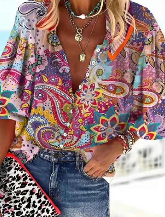 New Women's Shirt Blouse Graphic Elegant Daily Stylish 3/4 Length Sleeve High Neck Regular Tops Daily Holiday Going out Buttons Red Green Rainbow Gray Summer Spring Fall Women Boho Tops