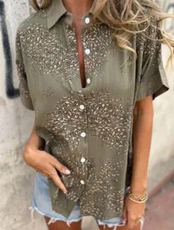 Sale Women's Shirt Blouse Graphic Stylish Casual Short Sleeve V Neck Regular Tops Daily Buttons White Green Summer Spring Women Blouses & Shirts