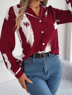 Sale Women's Shirt Blouse Graphic Casual Long Sleeve Shirt Collar Regular Tops Daily Buttons Print Wine Blue Summer Spring Women Blouses & Shirts