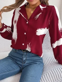 Sale Women's Shirt Blouse Graphic Casual Long Sleeve Shirt Collar Regular Tops Daily Buttons Print Wine Blue Summer Spring Women Blouses & Shirts
