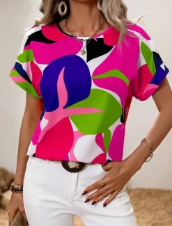 Hot Women's Shirt Blouse Graphic Stylish Casual Short Sleeve Crew Neck Regular Tops Daily Holiday Going out Print Black Yellow Green Khaki Rose Pink Summer Spring Women Spring Tops
