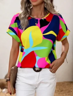 Hot Women's Shirt Blouse Graphic Stylish Casual Short Sleeve Crew Neck Regular Tops Daily Holiday Going out Print Black Yellow Green Khaki Rose Pink Summer Spring Women Spring Tops