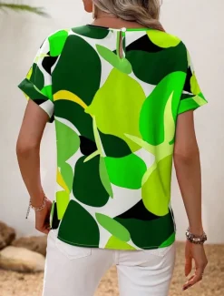 Hot Women's Shirt Blouse Graphic Stylish Casual Short Sleeve Crew Neck Regular Tops Daily Holiday Going out Print Black Yellow Green Khaki Rose Pink Summer Spring Women Spring Tops