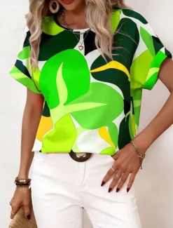 Hot Women's Shirt Blouse Graphic Stylish Casual Short Sleeve Crew Neck Regular Tops Daily Holiday Going out Print Black Yellow Green Khaki Rose Pink Summer Spring Women Spring Tops
