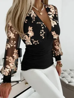 Clearance Women's Shirt Blouse Modern Floral Patchwork Print Long Sleeve Regular Tops V Neck Work Daily Navy Blue Khaki Fall Women Spring Tops