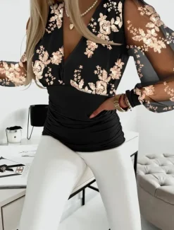 Clearance Women's Shirt Blouse Modern Floral Patchwork Print Long Sleeve Regular Tops V Neck Work Daily Navy Blue Khaki Fall Women Spring Tops