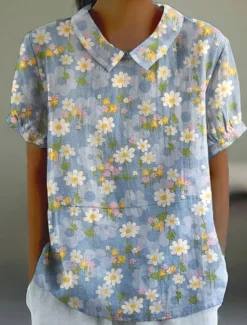 Women's Shirt Blouse Modern Floral Buttons Print Short Sleeve Regular Tops Shirt Collar Vacation Daily Pink Blue Khaki Beige Summer Spring Women Spring Tops