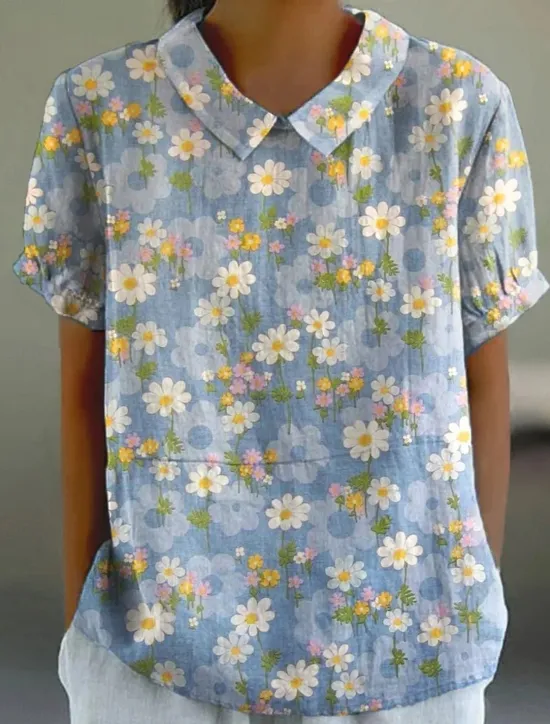 Women's Shirt Blouse Modern Floral Buttons Print Short Sleeve Regular Tops Shirt Collar Vacation Daily Pink Blue Khaki Beige Summer Spring Women Spring Tops