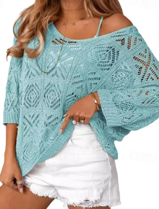 Sale Women's Shirt Blouse Plain Casual 3/4 Length Sleeve V Neck Regular Tops Daily Holiday Going out Eyelet Black Sky Blue Green Apricot Summer Women Lace Tops