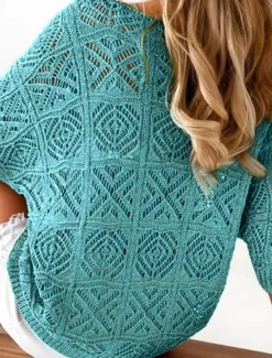 Sale Women's Shirt Blouse Plain Casual 3/4 Length Sleeve V Neck Regular Tops Daily Holiday Going out Eyelet Black Sky Blue Green Apricot Summer Women Lace Tops