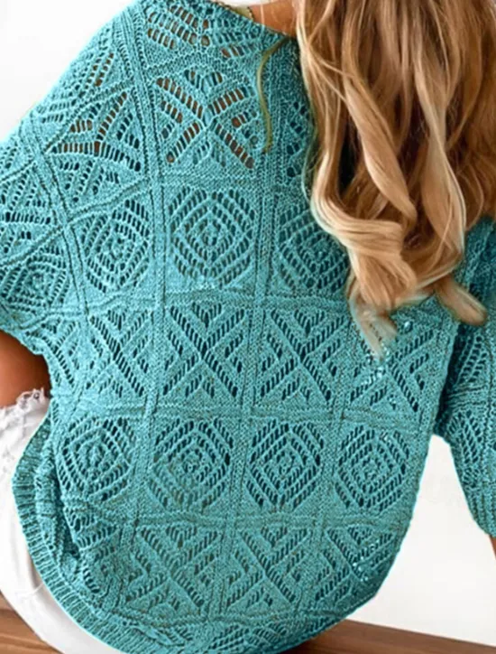 Sale Women's Shirt Blouse Plain Casual 3/4 Length Sleeve V Neck Regular Tops Daily Holiday Going out Eyelet Black Sky Blue Green Apricot Summer Women Lace Tops