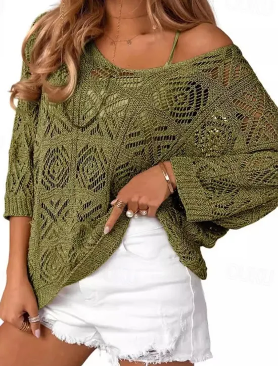 Sale Women's Shirt Blouse Plain Casual 3/4 Length Sleeve V Neck Regular Tops Daily Holiday Going out Eyelet Black Sky Blue Green Apricot Summer Women Lace Tops
