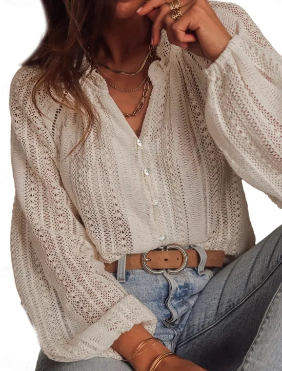Outlet Women's Shirt Blouse Plain Bohemia Casual Long Sleeve Shirt Collar Regular Tops Daily Buttons Eyelet Summer Spring Fall Women Shirts