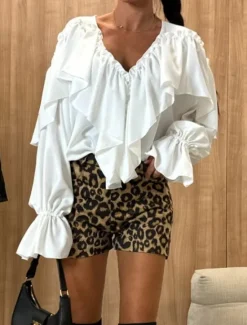 Best Women's Shirt Blouse Plain Daily Modern Long Sleeve V Neck Regular Tops Holiday Going out Ruffle Black White Pink Khaki Spring Women Lace Tops
