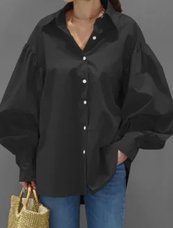 Clearance Women's Shirt Blouse Plain Casual Long Sleeve Lantern Sleeve Shirt Collar Regular Tops Daily Weekend Buttons Black White Yellow Blue Spring Fall Women Blouses & Shirts