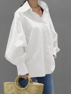 Clearance Women's Shirt Blouse Plain Casual Long Sleeve Lantern Sleeve Shirt Collar Regular Tops Daily Weekend Buttons Black White Yellow Blue Spring Fall Women Blouses & Shirts