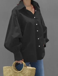 Clearance Women's Shirt Blouse Plain Casual Long Sleeve Lantern Sleeve Shirt Collar Regular Tops Daily Weekend Buttons Black White Yellow Blue Spring Fall Women Blouses & Shirts