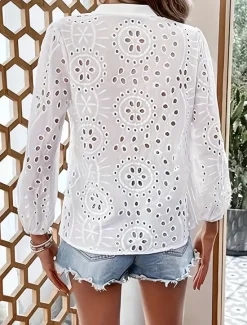 Best Women's Shirt Blouse Plain Stylish Casual Long Sleeve V Neck Regular Tops Daily Eyelet Spring Fall Women Lace Tops