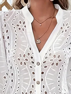 Best Women's Shirt Blouse Plain Stylish Casual Long Sleeve V Neck Regular Tops Daily Eyelet Spring Fall Women Lace Tops